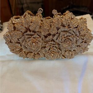 Gold Floral Crystal Evening Clutch Bag